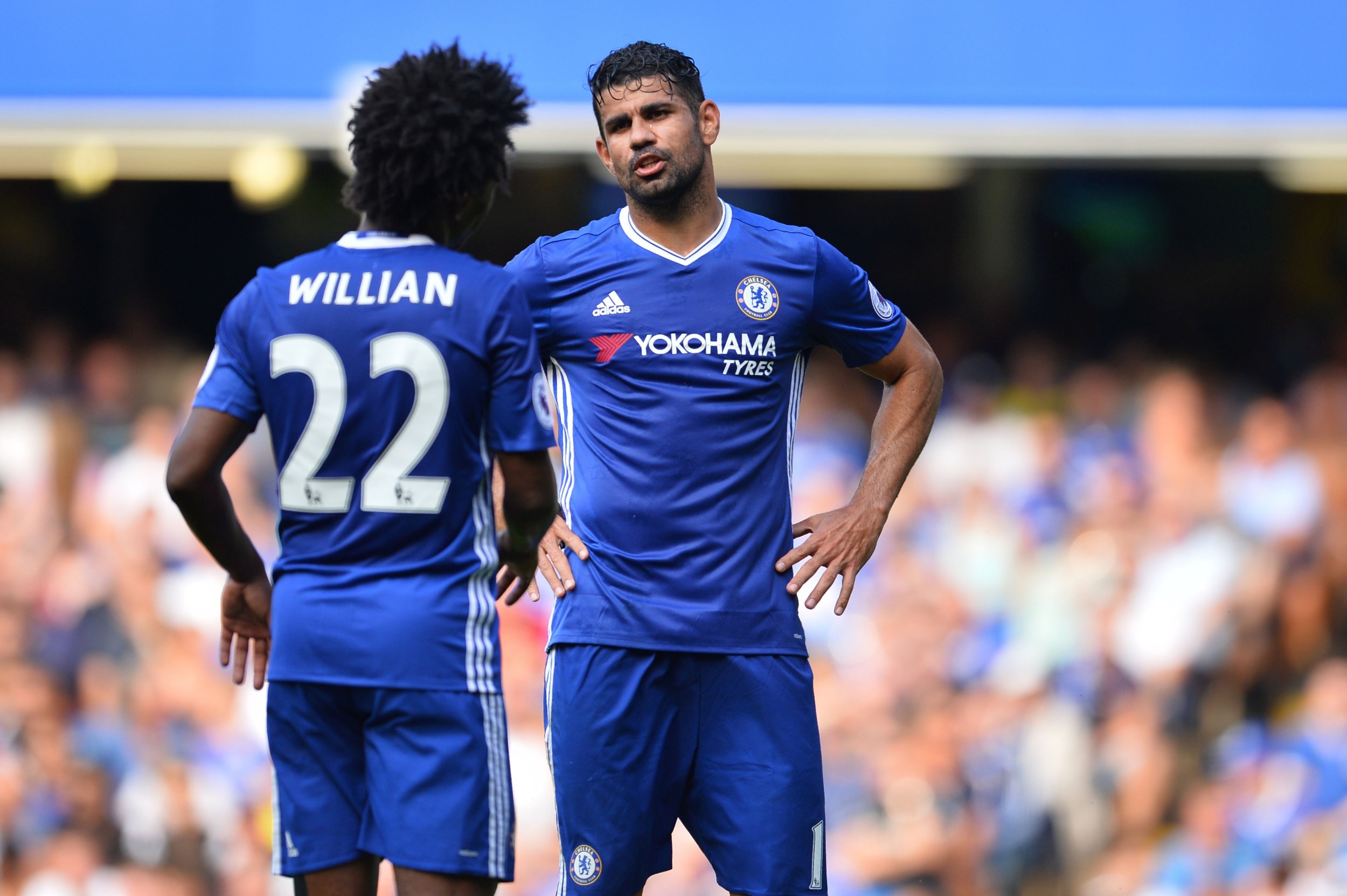 Chelsea teammates Willian, left, and Diego Costa.