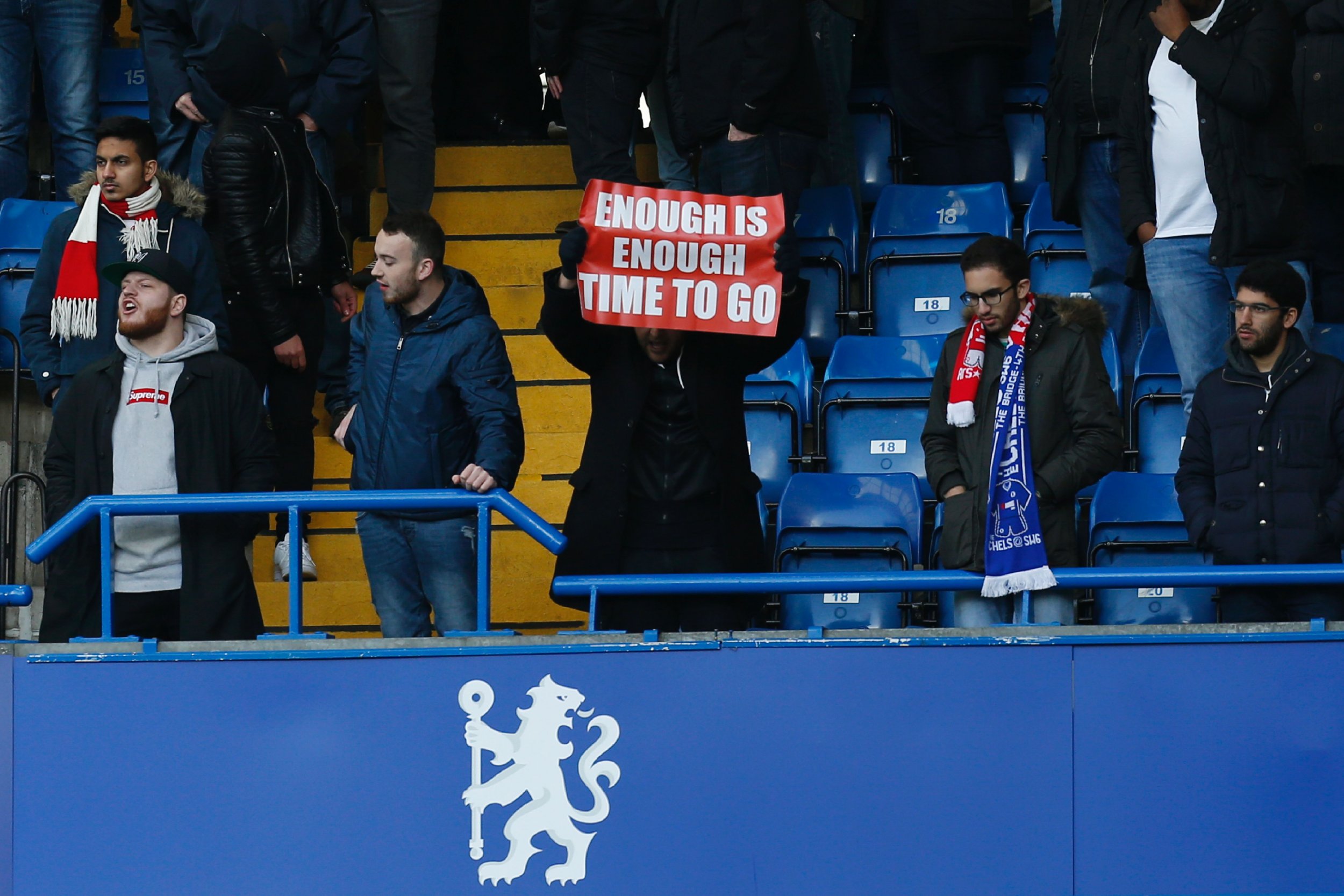 Arsenal supporters protest at Stamford Bridge, London.