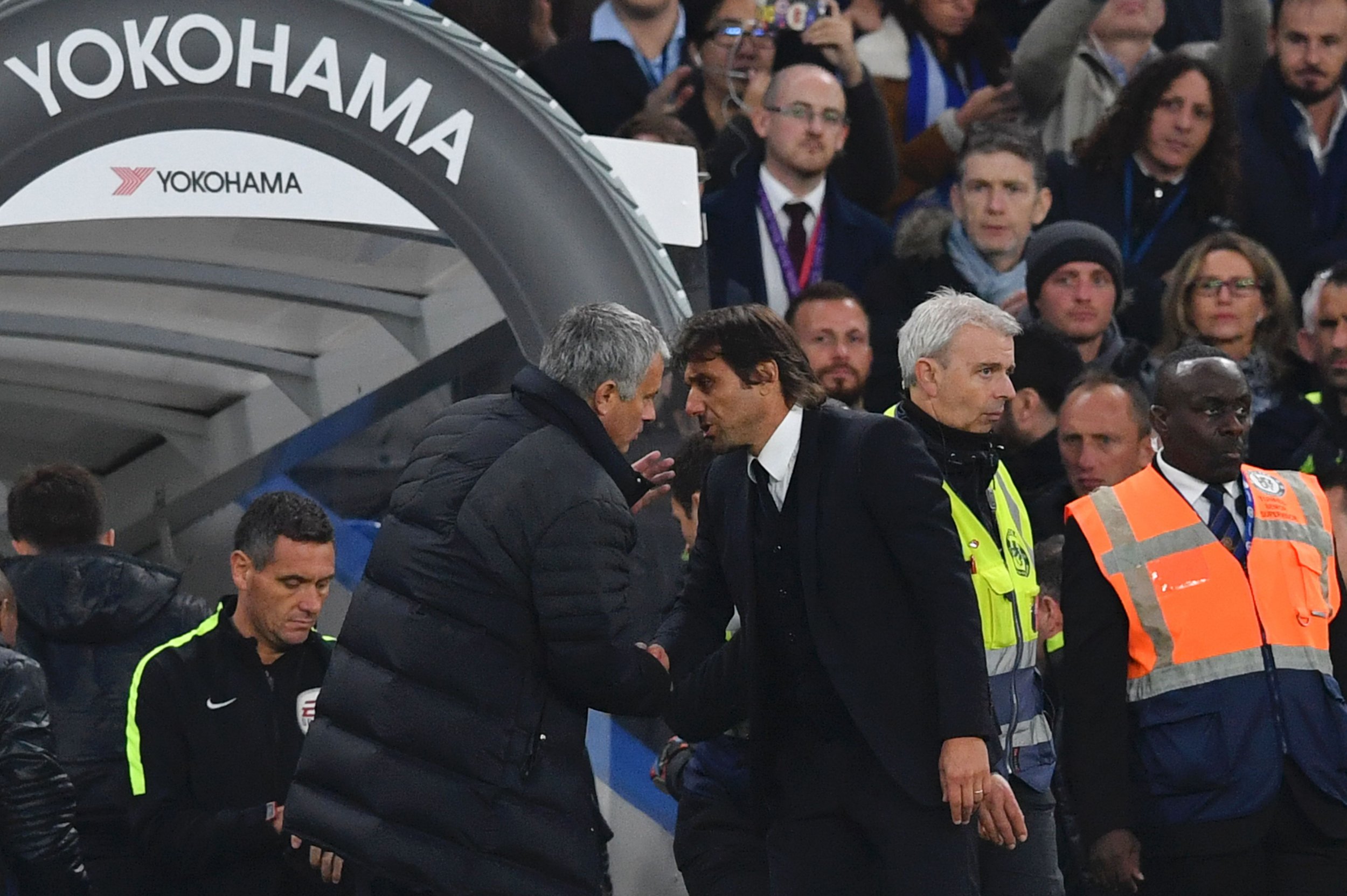 Jose Mourinho, center left, with Antonio Conte.