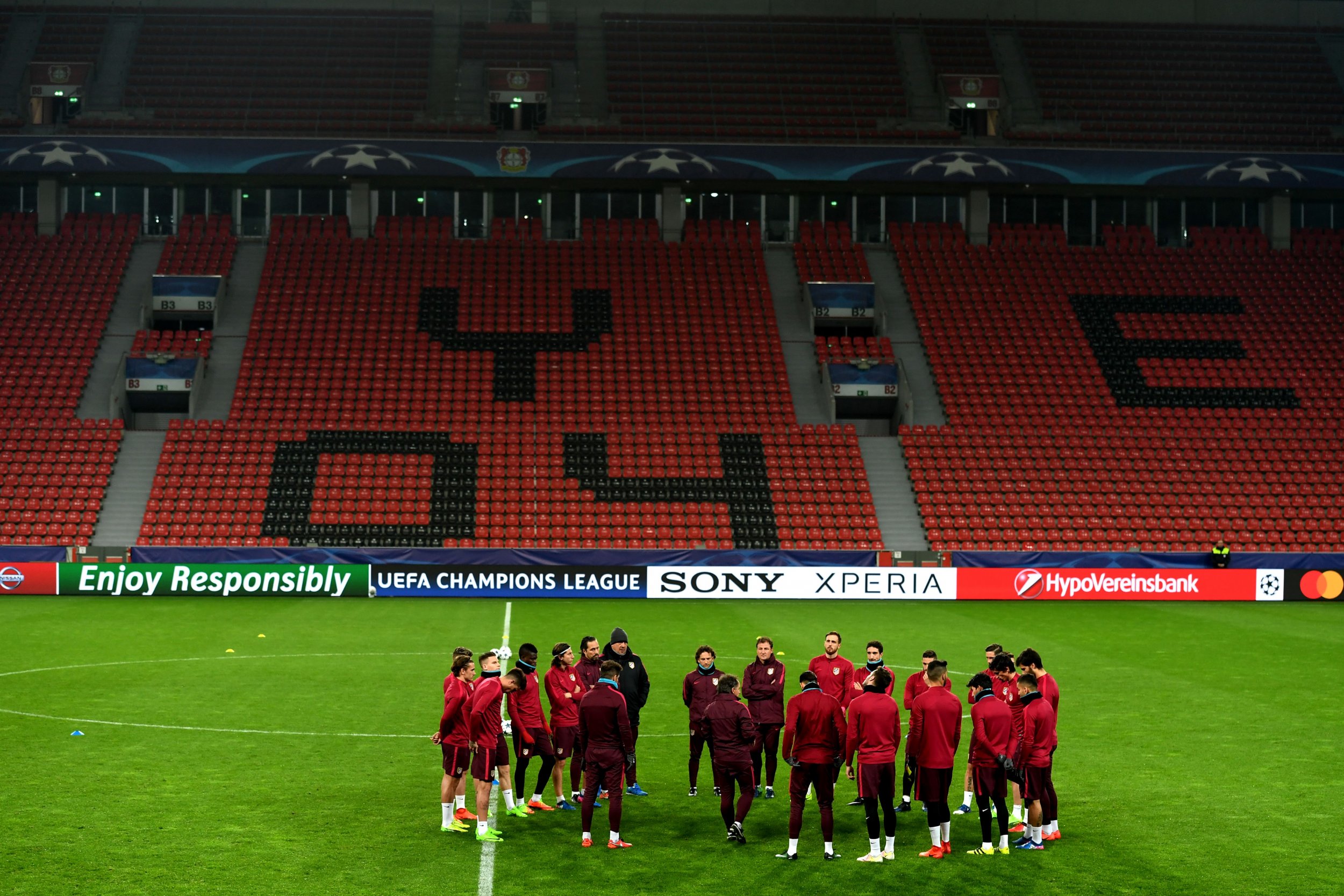 Atletico Madrid's players attend a training session in Leverkusen, Germany, February 20.