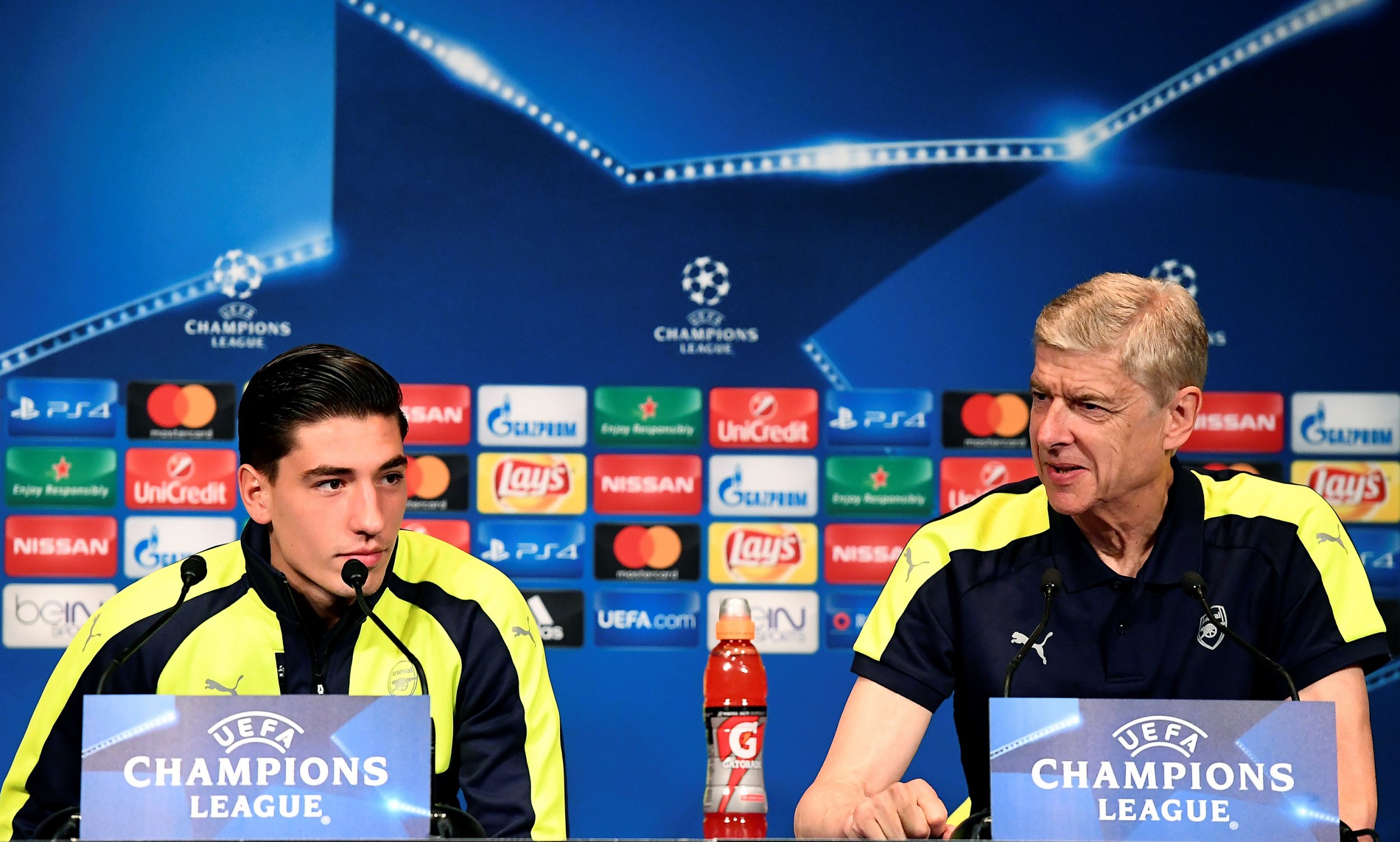 Arsenal defender Hector Bellerin, left, with manager Arsene Wenger.