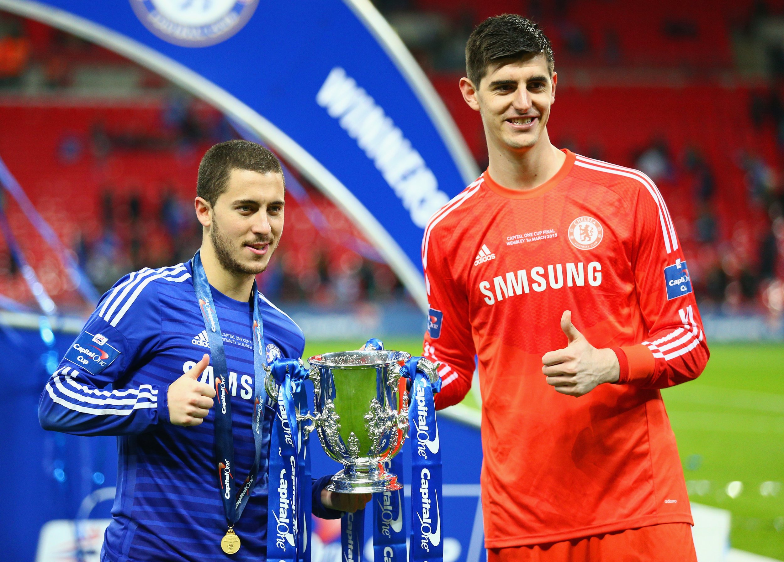 Chelsea stars Eden Hazard, left, and Thibaut Courtois.