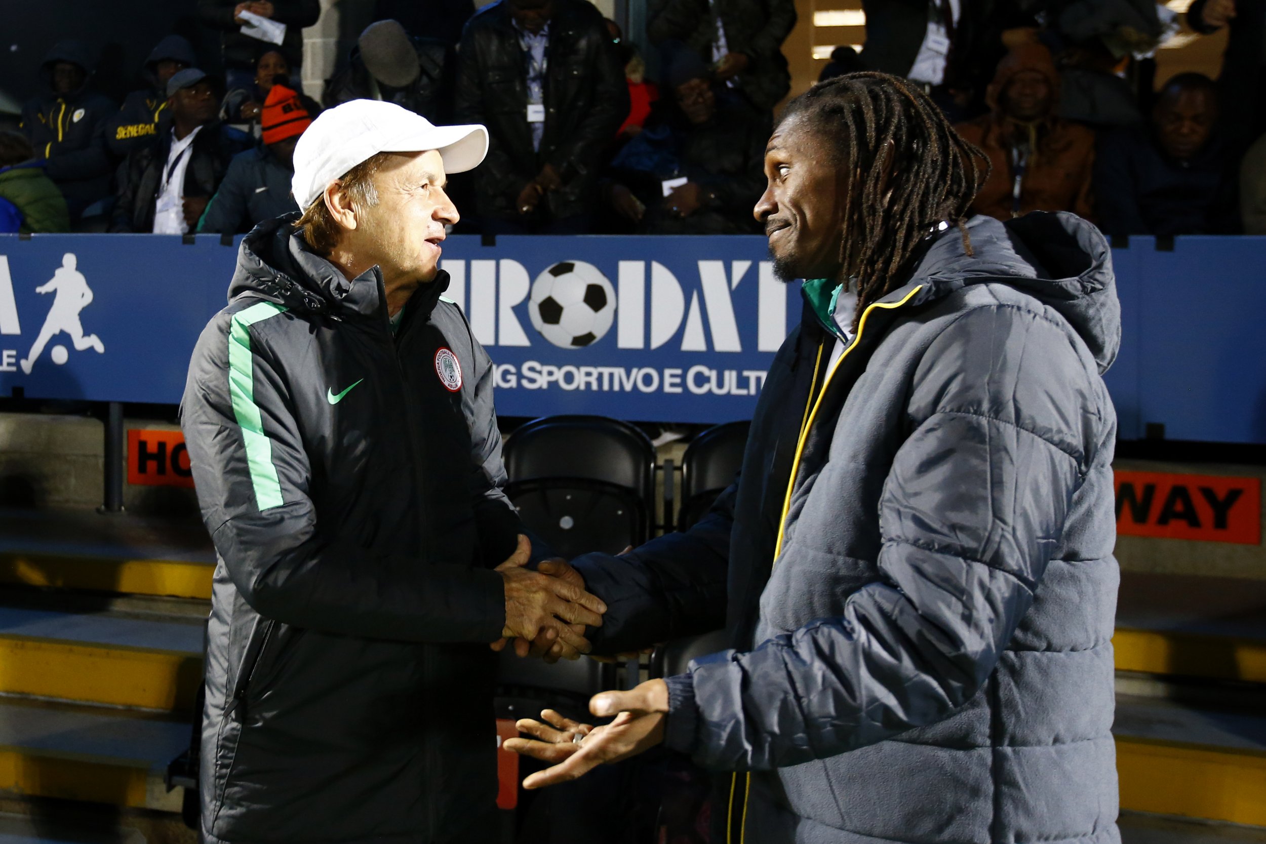 Nigeria coach Gernot Rohr, left, with Senegal coach Aliou Cisse at The Hive, Barnet, London, March 23.