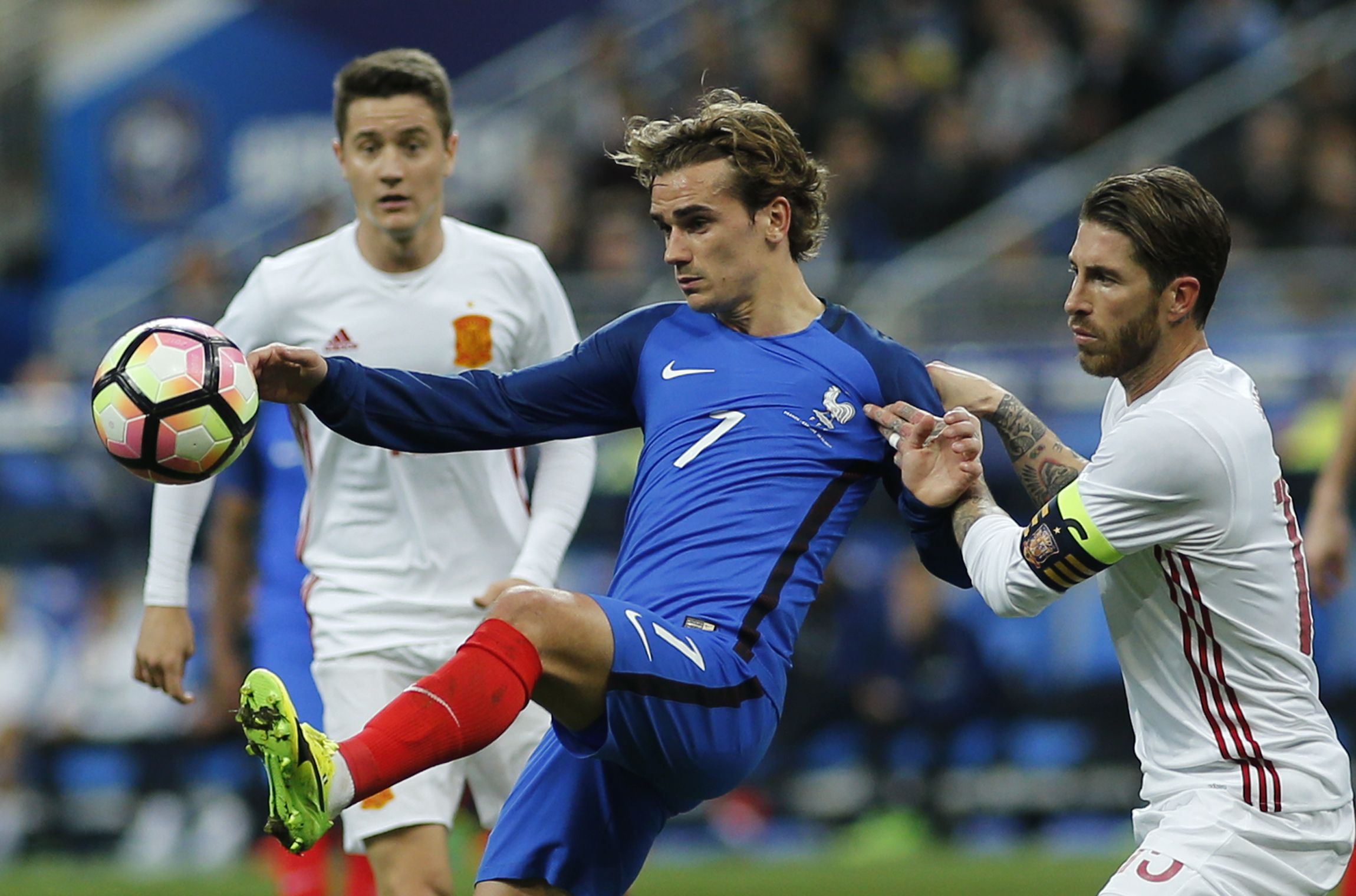 France and Atletico Madrid striker Antoine Griezmann, center, at Stade de France, Paris, March 28.