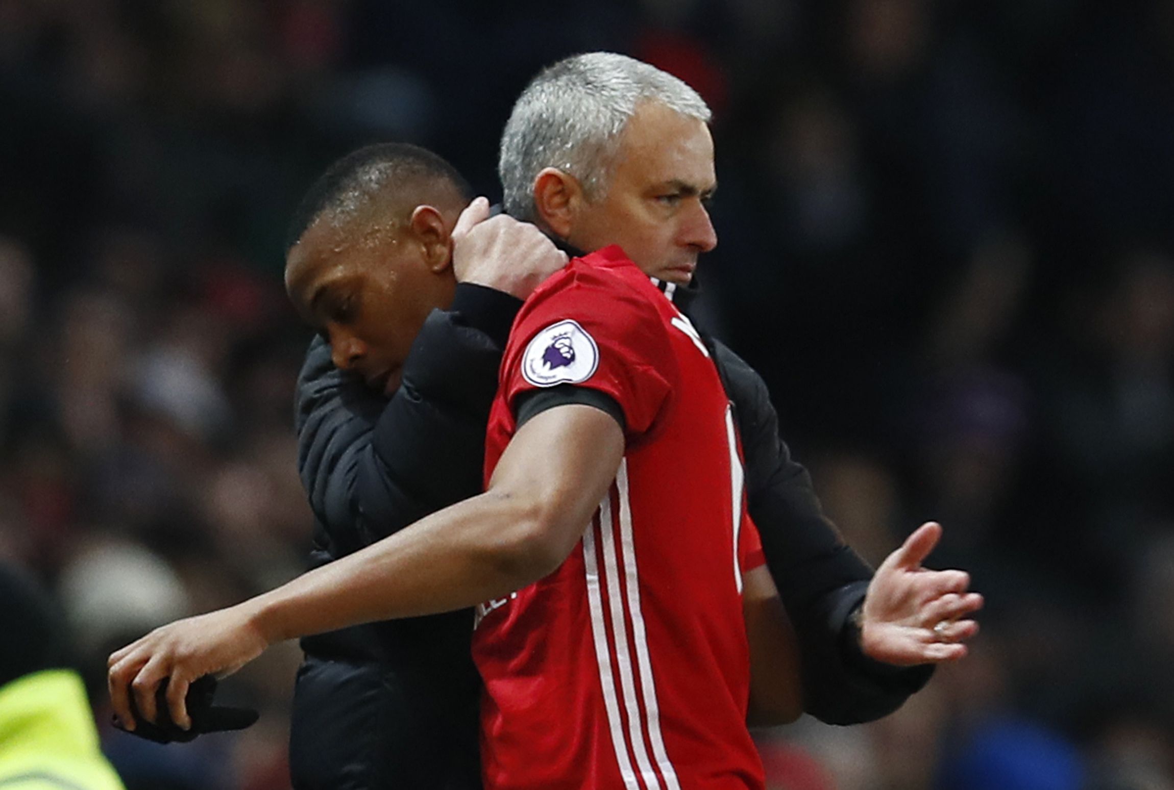 Manchester United striker Anthony Martial is congratulated by Jose Mourinho at Old Trafford, Manchester, February 11.