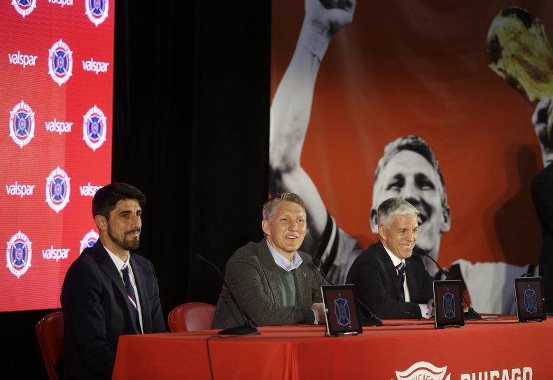Chicago Fire general manager Nelson Rodriguez, far right, with Schweinsteiger and coach Veljko Paunovic in Chicago, Illinois, March 29. Chicago Fire general manager Nelson Rodriguez, far right, with Schweinsteiger and coach Veljko Paunovic in Chicago, Illinois, March 29.