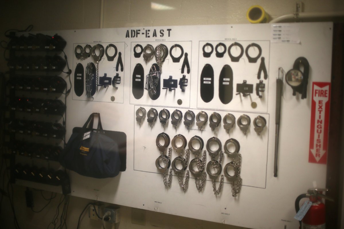 Handcuffs on display at the Adelanto immigration detention center