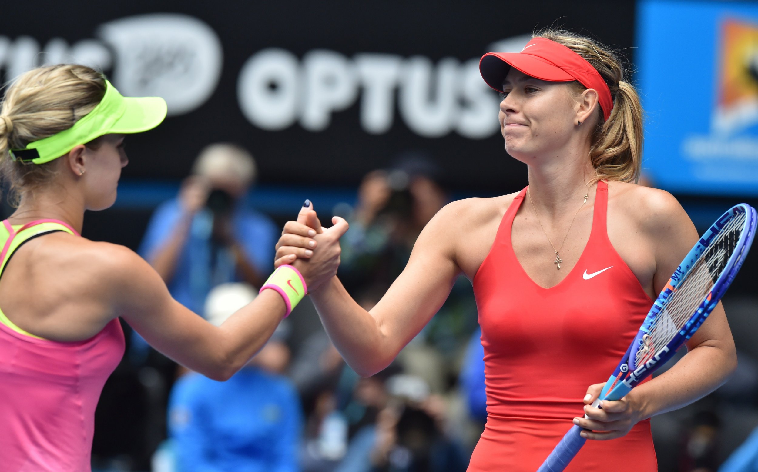 Eugenie Bouchard, left, and Maria Sharapova.