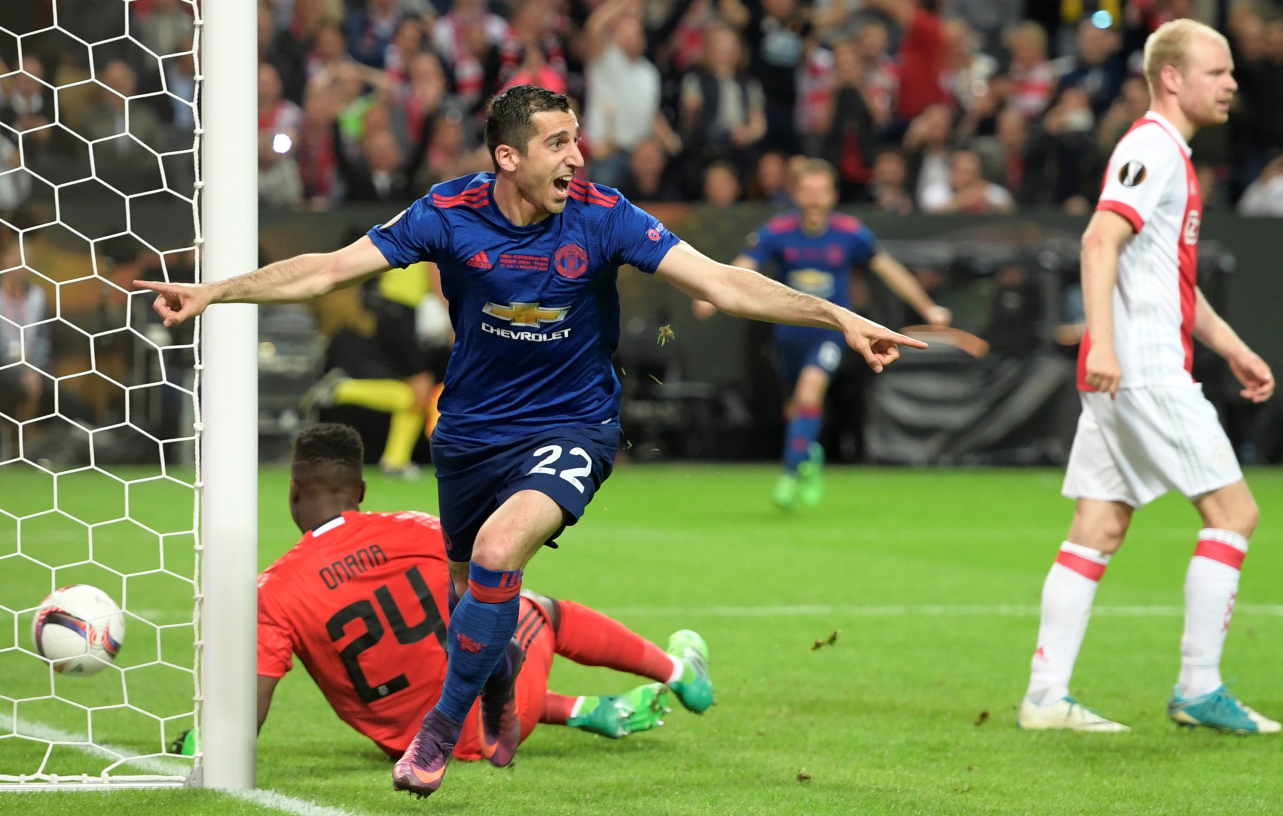 Henrikh Mkhitaryan celebrates scoring against Ajax in the Europa League final.