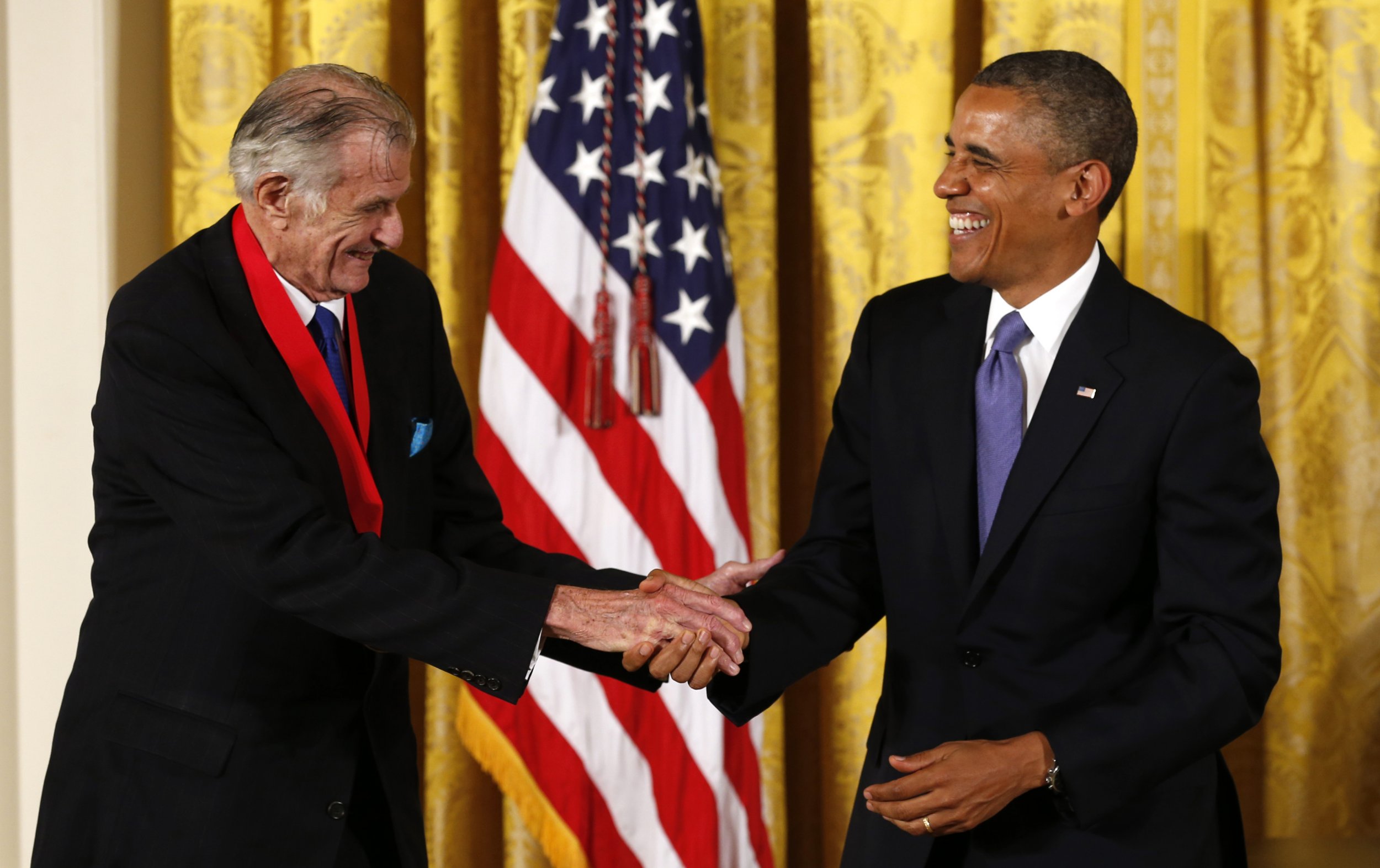 Frank Deford, left, with 44th President of the United States Barack Obama.