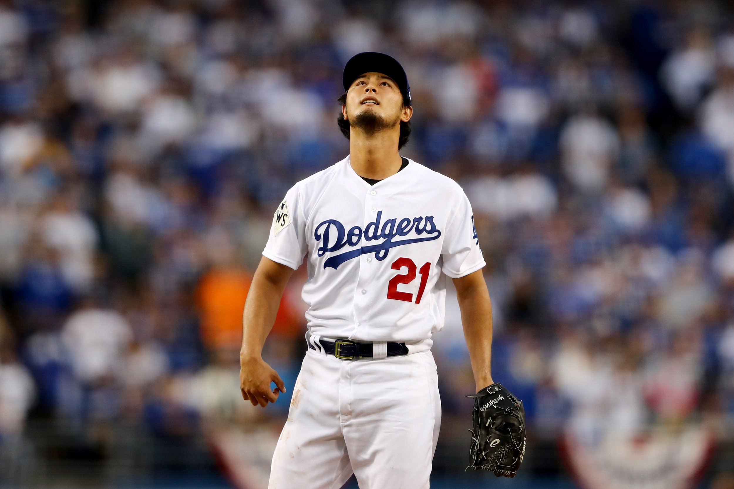 San Diego, California, USA. 2nd Sep, 2017. Yu Darvish (Dodgers) MLB : Los  Angeles Dodgers starting pitcher Yu Darvish watches his right hand during  the second baseball game of a Major League