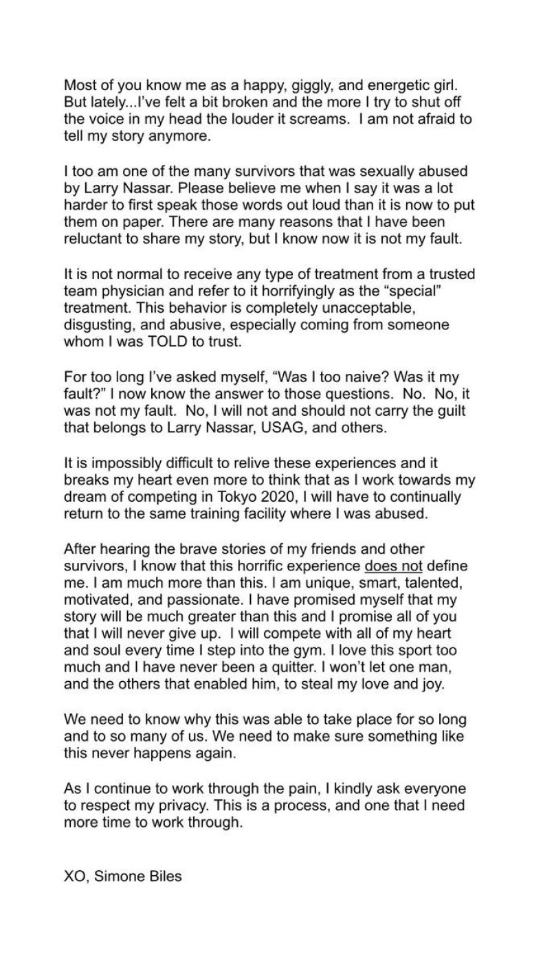 A statement from U.S.A. gymnast Simone Biles alleging sexual abuse by Larry Nassar.
