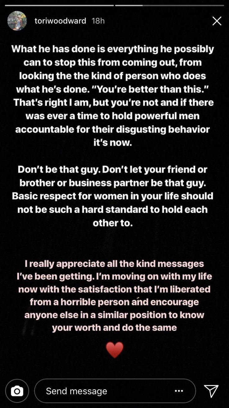 Tori Woodward accuses Alex Pall of cheating Tori Woodward accuses Alex Pall of cheating