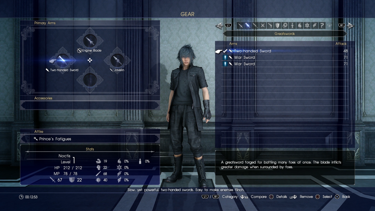 ffxv pc royal edition windows equipment menu exp guide