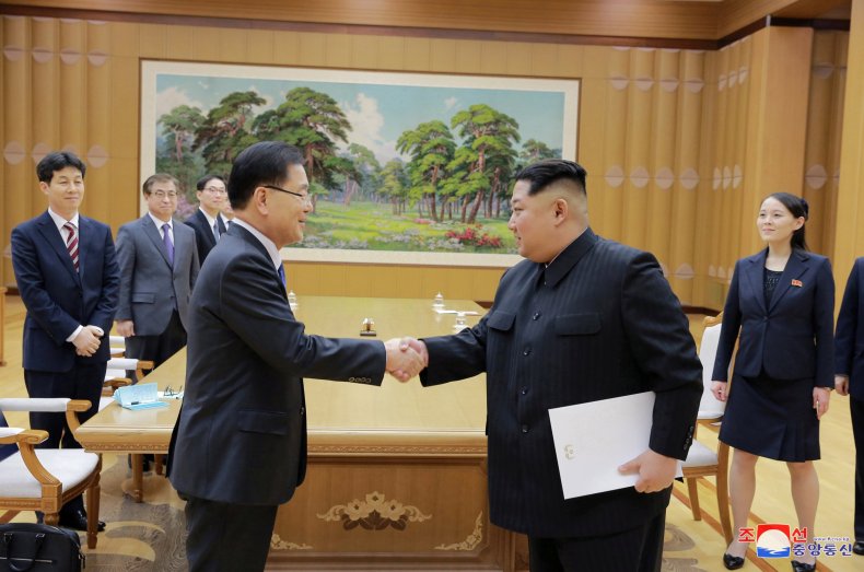 RTS1MB8X Kim Jong Un meets South Korean delegation Chung Eui-yong