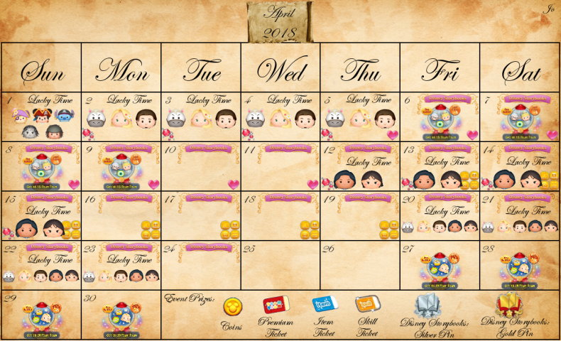 Disney, tsum, tsum, april, 2018, event, calendar, tangled, storybook, new, pick up capsule, lucky, time, rapunzel, mulan, Pocahontas