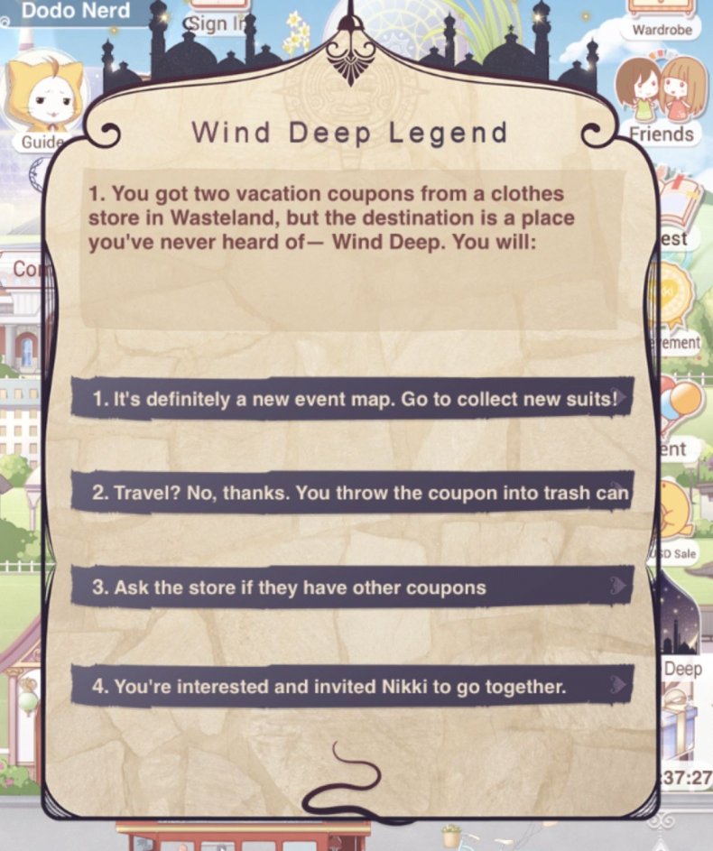 Love, nikki, wind, deep, legend, event, guide, quiz, answers, sun, sunscreen, wasteland clothes ancient, prophecy, swordsman, stage, battles, suits, cost