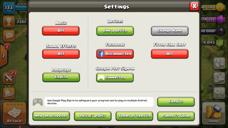 Clash of Clans settings