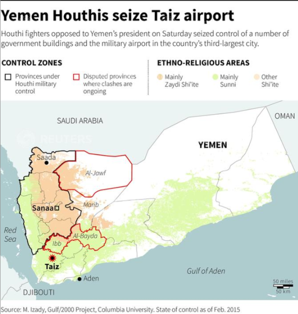 Map of Yemen showing control zones and ethno-religious areas, locating city of Taiz where Houthi fighters seized the military airport from local authorities on Saturday.